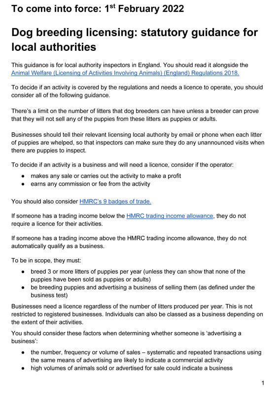 Dog Breeding Licensing: Statutory Guidance for Local Authorities Uk Government Report Cover